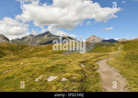 Sentiero escursionistico sterrato che si snoda tra prati alpini verdi con maestosi picchi montuosi. Passo del Piccolo San Bernardo, La Thuile, Valle d'Aosta, Italia Foto Stock