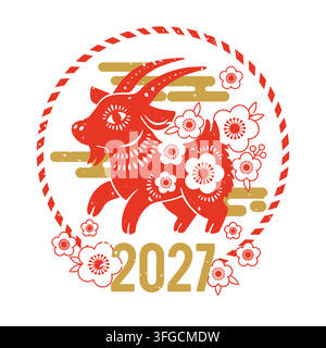 Capra dello zodiaco. Buon anno nuovo 2027. Simbolo del calendario lunare cinese dell'anno con pecora e fiori per biglietto di auguri, banner, poster. Vettore moderno Illustrazione Vettoriale