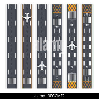 Pista per aerei. Strada dell'aeroporto. Linea stradale per aerei, decollo e atterraggio degli aerei vista aerea. Striscia aerea per aerei con aerodromo. Volo di linea Illustrazione Vettoriale