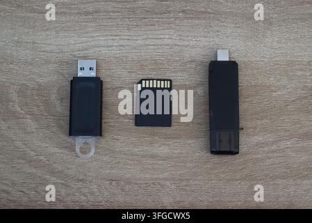 Vista dall'alto di vari supporti di archiviazione digitali tra cui chiavette USB e schede di memoria disposti su uno sfondo in legno chiaro. Foto Stock