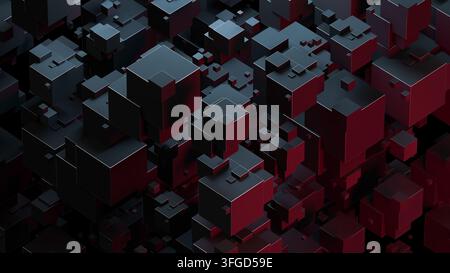 Cubi 3D rosso scuro e nero Astrazione blocchi digitali sfondo tecnologico con geometria futuristica Foto Stock