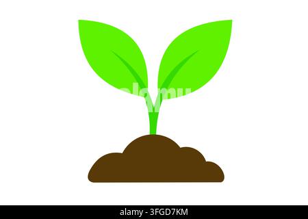 Una piccola pianta con due foglie verdi cresce da un terreno marrone. Questo disegno simboleggia nuovi inizi e il processo di crescita nella natura. Foto Stock