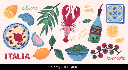 Adesivi Amalfi. Costa italiana, mare italiano con aragosta e limone per viaggi di vacanza. Cibo mediterraneo di Positano. Cucina di frutti di mare e pasta. Icone vettoriali in stile cartone animato piatto, illustrazione isolata Illustrazione Vettoriale