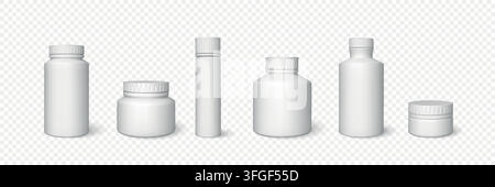 Borraccia di plastica bianca. Contenitore per medicinali realistico, confezione di barattolo di farmacia o coperchio di integratore di rimedio. Scatola medica vuota, modelli di packaging per la cura della pelle, farmacia o vitamine. Set 3D isolato vettoriale Illustrazione Vettoriale