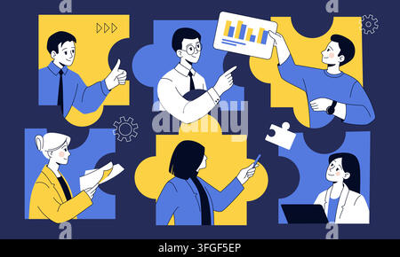 Team aziendale. Lavoro di squadra delle persone connesse con puzzle, collaborazione di gruppo dei dipendenti. Donne, uomini colleghi personaggi che pianificano, analizzano e coordinano. Illustrazione isolata in stile piatto cartoon vettoriale Illustrazione Vettoriale