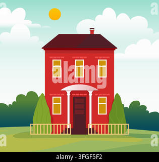 Facciata di casa rossa. Esterno di casa suburbana con finestre, porta, tetto, alberi e cielo, architettura residenziale, proprietà, abitazione e concetto immobiliare. Illustrazione isolata in stile cartoon piatto vettoriale Illustrazione Vettoriale