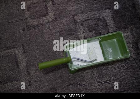 Prima di un mini rullo da pittura in una vaschetta di vernice verde chiaro. Ambientato in una stanza luminosa durante una ristrutturazione fai-da-te residenziale. Foto Stock