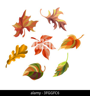 Varie foglie autunnali nel vento su sfondo bianco. Ondata di foglie cadenti. Illustrazione vettoriale disegnata a mano. Vettore stock Illustrazione Vettoriale