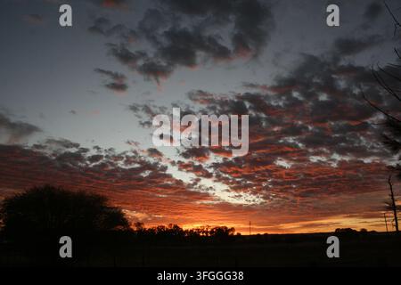 Nuvole arancioni e rosse infuocate al tramonto sul Karoo, Nieuwoudtville, Capo Settentrionale, Sudafrica. Foto Stock
