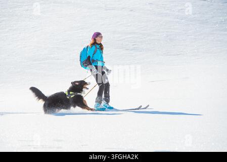 Sciatore di pista fuori con il suo cane che ha un tempo felice Foto Stock