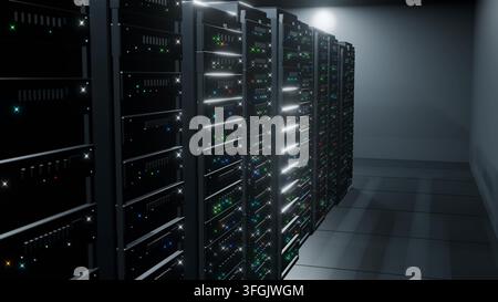 Sala di data center per server sfondo cloud AI rendering 3D Foto Stock