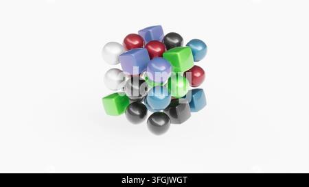 Blocchi di giocattolo colorati disposti a forma di cubo, sfondo rendering 3D Foto Stock