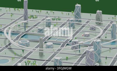 Treni Maglev cittadini futuristici, paesaggi urbani di edifici intelligenti, sfondo, rendering 3D Foto Stock