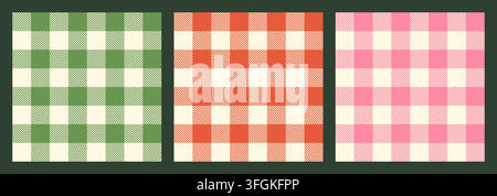 Set di motivi vettoriali senza cuciture a quadri in plaid di bufalo rosa, verde e rosso, sfondi a quadri carini per disegni natalizi Illustrazione Vettoriale
