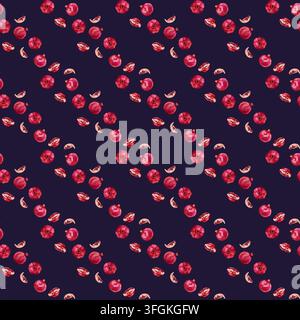 Motivo senza cuciture con frutta di melograno e melograno tagliato a metà con arils rossi. Illustrazione ad acquerello disegnata a mano di cibo tropicale con fiori Foto Stock