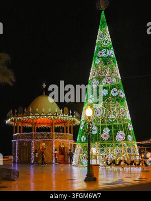 Un grande albero di Natale illuminato si trova ad Arrecife. Decorazioni luminose festive brillanti ricoprono l'albero e un chiosco a Lanzarote, Spagna. Foto Stock