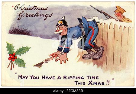 Cartolina di Natale, cartolina natalizia illustrata a fumetti britannica dell'era della Prima Guerra Mondiale, propaganda anti-Kaiser inviata il 23 dic. 1914, Regno Unito. Foto Stock