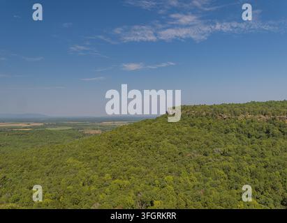 Una vista ad angolo alto di una scogliera di calcare boschiva che si affaccia su una vasta valle sotto un cielo azzurro con nuvole sparse Foto Stock