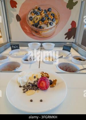 Arkansas, Stati Uniti, 05 SET 2026 - Un piatto bianco contiene yogurt guarnito con fragole, noci, gocce di cioccolato e mandorle davanti a un Foto Stock