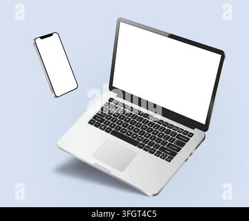 Caduta di laptop e smartphone isolati su sfondo blu. Illustrazione vettoriale. Illustrazione Vettoriale