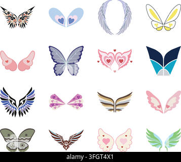 Una collezione di illustrazioni piatte decorative con vari design di ali. Illustrazione Vettoriale