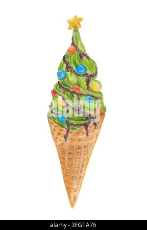 Gelato morbido al matcha a tema albero di Natale in cono di waffle decorato con confetture colorate Illustrazione a matita colorata Foto Stock