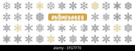 Set di icone lineari a forma di fiocco di neve. Caduta di neve invernale, elemento di decorazione natalizia, cristallo di ghiaccio di Capodanno, stella ghiacciata illustrazione vettoriale lineare minimale. Semplice Illustrazione Vettoriale