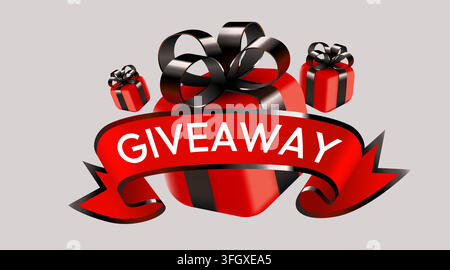 Banner promozionale per giveaway con scatole regalo rosse. Design elegante per il marketing sui social media. Illustrazione vettoriale. Illustrazione Vettoriale