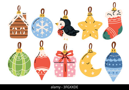 Collezione giocosa di decorazioni natalizie con affascinanti ornamenti festivi in colori pastello brillanti, inclusi palline, pan di zenzero e accessori invernali Illustrazione Vettoriale