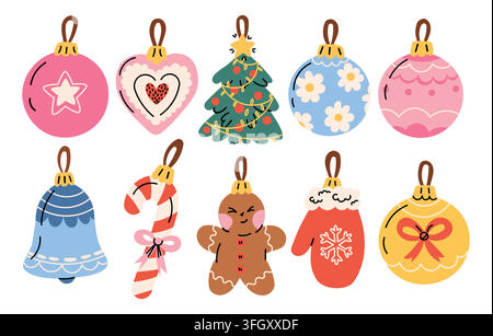 Simpatico set di ornamenti natalizi colorati in uno stile vettoriale piatto giocoso, con palline festive, albero di Natale, casa di pan di zenzero, fiocco di neve e uccello Illustrazione Vettoriale