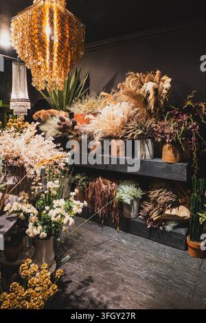Una esposizione di pampa essiccata, fiori essiccati e piante in vaso è posizionata sotto luci a sospensione in vetro ornate in un interno londinese, Inghilterra, Regno Unito Foto Stock