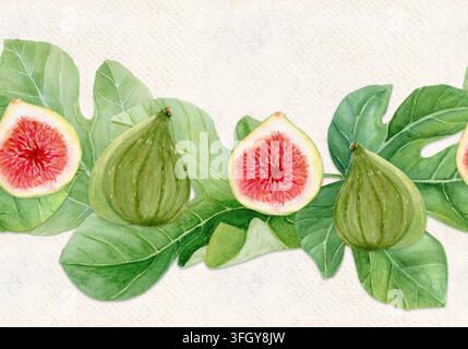 Frutti di fico con foglie, texture verde acquerello bordo senza cuciture isolato su beige. Clipart dipinto a mano per design organico, packaging alimentare, stagionale Foto Stock