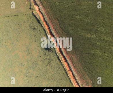 Veduta aerea di una strada sterrata che attraversa campi agricoli in Brasile. Foto Stock