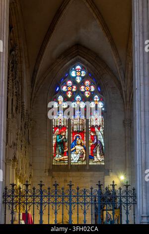 Una vista dettagliata di un grande vetrata ad arco in una chiesa storica europea, che mostra scene bibliche e decorazioni ornate in piombo. Lione, Fra Foto Stock