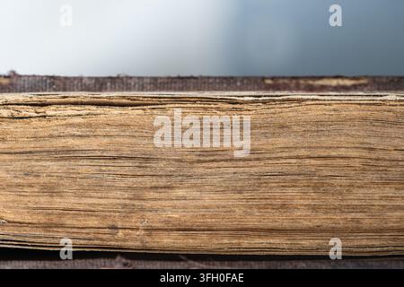 Libro religioso molto antico, primo piano. Sfondo con pagine di vecchi libri Foto Stock