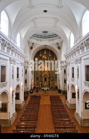 Interno di chiesa ornato con soffitto alto - Uno scatto grandangolare di un bellissimo interno di chiesa, con eleganti soffitti a volta, panche di legno e un go Foto Stock