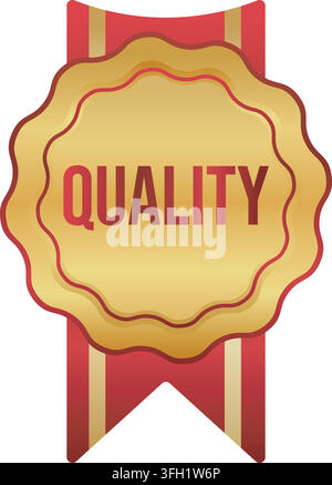 Badge medaglia d'oro con testo di qualità e nastro rosso, etichetta di garanzia del certificato, illustrazione vettoriale isolata su sfondo bianco Illustrazione Vettoriale