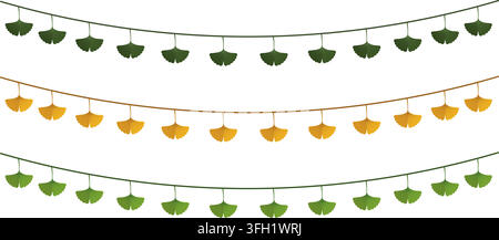 Set di vettori di ghirlande di foglie di Ginkgo Biloba Bandierina di foglie sospese in verde scuro, giallo e verde lime su sfondo bianco Illustrazione Vettoriale