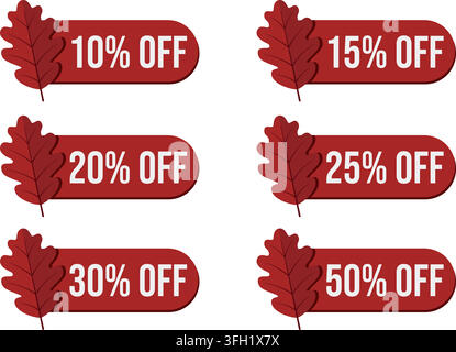 Set di etichette per la vendita autunnale Giallo Ambra Dorato con foglie di quercia ed etichette di sconto in percentuale, vettore isolato su sfondo bianco Illustrazione Vettoriale