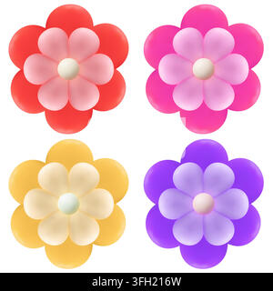 Un set di quattro vivaci illustrazioni floreali in 3D in rosso, rosa, giallo e viola, ciascuna con una sfera centrale, isolate su sfondo bianco. Illustrazione Vettoriale