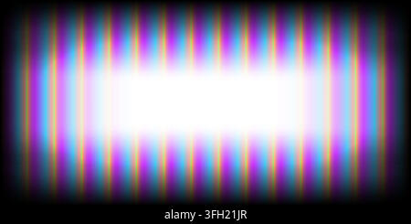 Uno sfondo astratto vibrante con strisce neon verticali luminose, un bagliore centrale luminoso e un bordo scuro a vignetta. Illustrazione Vettoriale