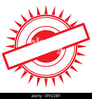Un design vivace di timbro circolare rosso con un bordo esterno spinoso e una bandiera rettangolare orizzontale vuota, perfetta per testo o loghi personalizzati. Illustrazione Vettoriale