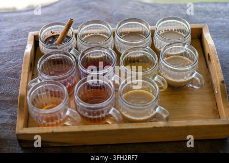 Campioni assortiti di caffè, tè e bevande aromatizzate sono disposti su un vassoio di legno vicino al Monte Batur e al Lago Batur a Bali, Indonesia. Foto Stock