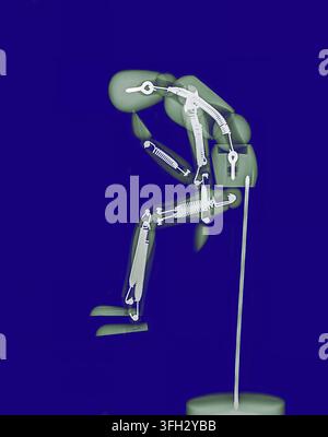 Radiografia del meccanismo del manichino che mostra molle interne, ganci e aste di collegamento che formano giunti articolati, simboleggiando la complessità nascosta, ingegneria Foto Stock