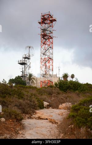 Le torri di telecomunicazione si ergono sopra un sentiero roccioso sul Monte Carmelo a Haifa, Israele, sotto un cielo nuvoloso. Foto Stock