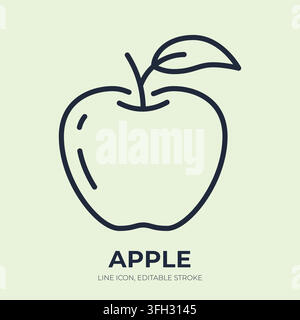Icona linea Apple. Illustrazione vettoriale lineare di frutta fresca. Segnatura sottile di prodotti interi con foglia per nutrizione, dieta sana, educazione, raccolto, biologico Illustrazione Vettoriale