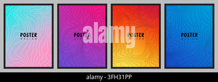 Una collezione di quattro poster verticali con motivi astratti di linee topografiche ondulate su sfondi gradienti colorati in varie combinazioni di colori. Illustrazione Vettoriale