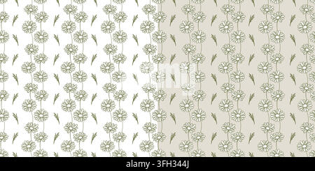 Anteprima di motivo senza cuciture vettoriale con fiori di margherita verdi su sfondo bianco e grigio. Stampa botanica per packaging vintage, carta e tessuti. Illustrazione Vettoriale