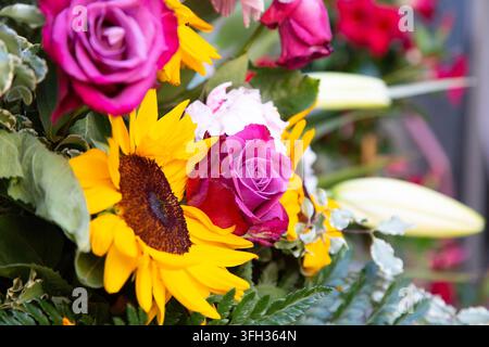 Bouquet misto luminoso con girasoli gialli, rose rosa, fiori bianchi e frondosi fogliame verde sotto una luce naturale soffusa, creando una fioritura colorata Foto Stock