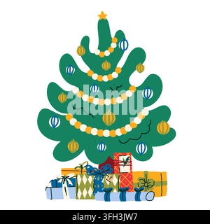 Albero di Natale decorato con ghirlanda dorata e bianca, ornamenti colorati sospesi e regali incartati, illustrazione festiva allegra per biglietti di auguri Illustrazione Vettoriale